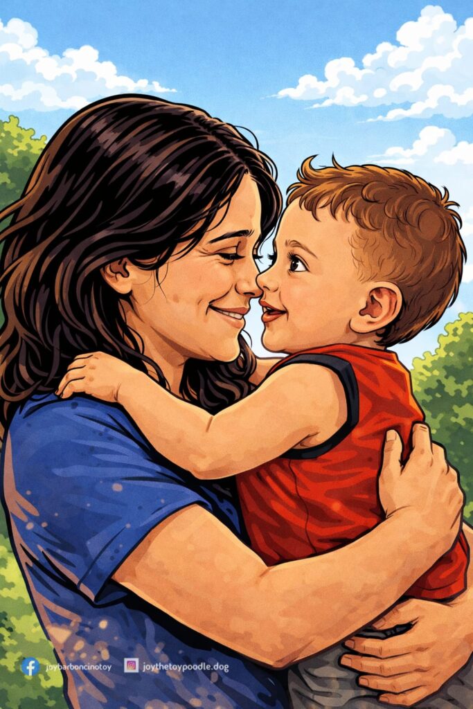 Un abbraccio tra madre e figlio che simboleggia la forza e la tenerezza di Patrizia e Domenico.